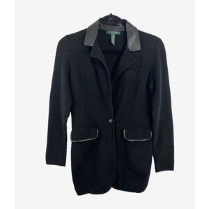 Lauren Ralph Lauren Black Sweater Blazer w/ Faux Leather Trim Womens Size XS